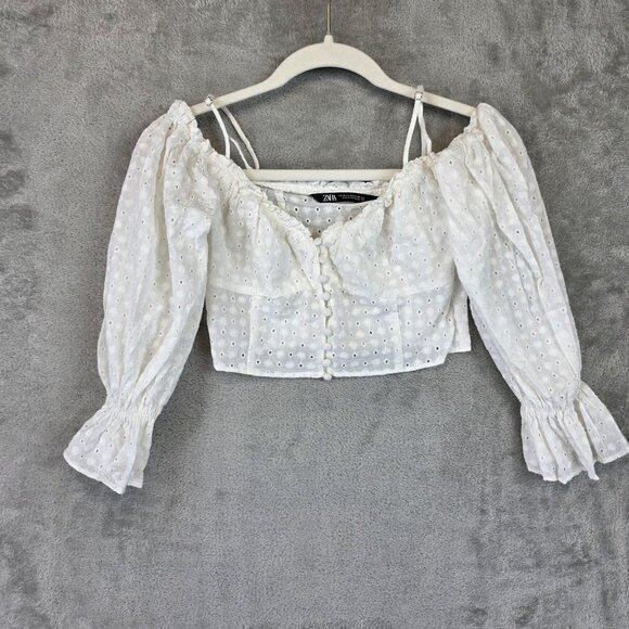 Zara Shirt Womens XS White Eyelet Off Shoulder Puff Sleeve Button Front Cropped - Picture 1 of 7